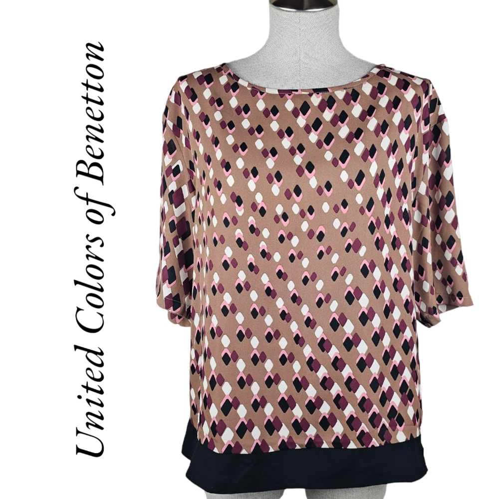🦋 United Colors of Benetton Women's Tan Brown & Pink Boat Neck Blouse